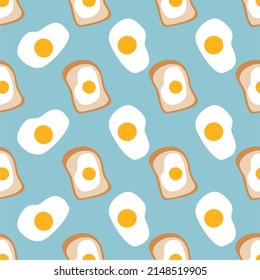 Toast bread with egg seamless pattern on blue background. Flat design, hand drawn cartoon, vector illustration.