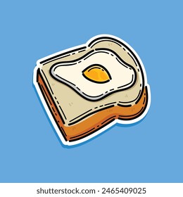diseño de Ilustración vectorial de huevo de pan tostado aislado en fondo azul. Sándwich sabroso y rebanada de pan o tostada con la tapa de un huevo
