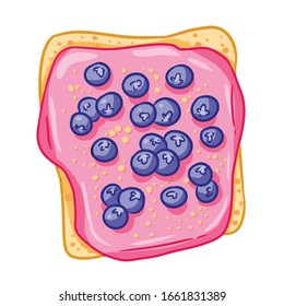 Toast bread isolated icon on white background. Sandwich with pink icing spread butter and blueberry doodle. Breakfast food. Flat style vector illustration. Media glyph symbol