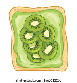 Toast bread isolated icon on white background. Sandwich with green icing spread butter and kiwi slices doodle. Breakfast food. Flat style vector illustration. Media glyph symbol