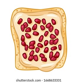 Toast bread isolated icon on white background. Sandwich with icing spread butter and garnet seeds doodle. Breakfast food. Flat style vector illustration. Media highlights symbol