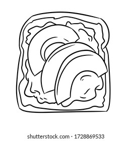 Toast Brot isolierte Ikone auf weißem Hintergrund. Sandwich mit Avocado und verbreiten gesunde Doodle. Frühstück oder Mittagessen. Flache Vektorgrafik isoliert auf Weiß. Veganer-Bild
