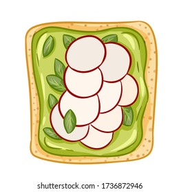 Toast Brot isolierte Ikone auf weißem Hintergrund. Sandwich mit Rettich und Grün verbreitete Gesundheit Doodle. Frühstück oder Mittagessen. Flachvektorbild isoliert auf Weiß. Veganer-Bild