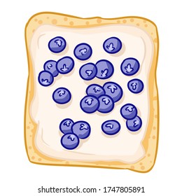 Toast bread isolated icon on white background. Sandwich with pink icing spread butter and blueberry doodle. Breakfast food. Flat style vector illustration. Media glyph symbol