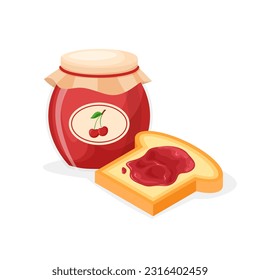 Toast bread and jar of cherry jam. Sweet cherries sandwich. Vector illustration in isometric style isolated on white background.