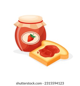 Toast bread and jar of strawberry or raspberries jam. Sweet sandwich. Vector illustration in isometric style isolated on white background.