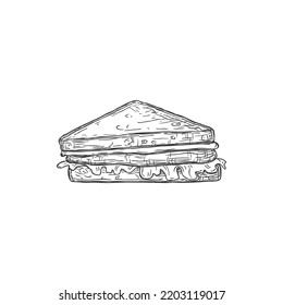 Toast Bread With Meat And Cheese Isolated Sandwich Sketch Monochrome Icon. Vector Toast Hand Drawn Sign, Grilled Triangle Bread, Fastfood Takeaway Meal Drawing. Homemade Food Snack, Takeout Meal