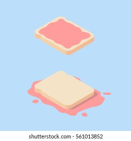 toast bread with red strawberry jam icon.  Fallen sandwich upside down. Isometric vector illustration. Isolated on blue background.