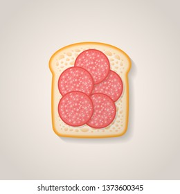 Toast bread with salami slices isolated on background. Vector illustration.