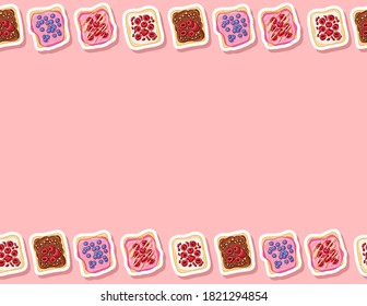 Sándwiches de pan tostado estilo cómico patrón de frontera sin fisuras. Sándwiches con colcha rosa y papel pintado de garbanzos. Baldosa de fondo de la comida del desayuno
