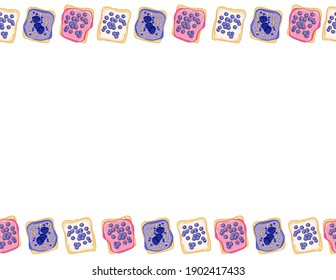 Toast bread sandwiches comic style seamless border pattern. Sandwiches with icing spread and blueberries doodles wallpaper. Breakfast food background texture tile