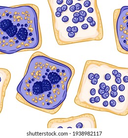 Toast bread sandwiches comic style seamless border pattern. Sandwiches with berries blueberries and blackberries with white spread wallpaper. Breakfast food background texture tile