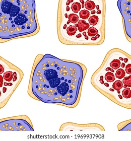 Toast bread sandwiches comic style seamless border pattern. Sandwiches with blueberries and raspberries wallpaper. Breakfast food background tile