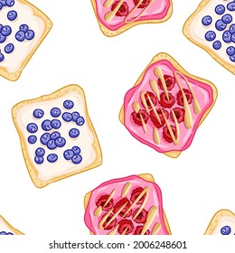Sandwichs de pain grillé, motif comique de bordure harmonieux. Sandwichs avec baies bleuées et fond d'écran de framboises. Pièce d'arrière-plan pour la nourriture