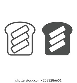 Toast bread with three butter slices line and solid icon, breakfast food concept. Vector graphics. Bread and butter, dairy sign on white background, outline style icon for mobile or web design