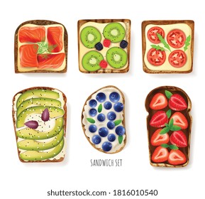 Toast bread toppings set with berries realistic isolated vector illustration