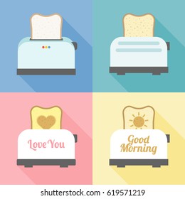 toast bread in various set for valentine and breakfast, flat design with long shadow
