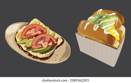 Toast bread vector illustration for wall art. slices of toast with cheese, avocado, tomato and egg