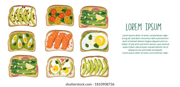 Toast bread vegetarian snacks set  with different toppings - fried egg, salmon, fish, tomato, avocado, cream cheese and asparagus. Fast energy boosting toasts. Vector illustration banner top view
