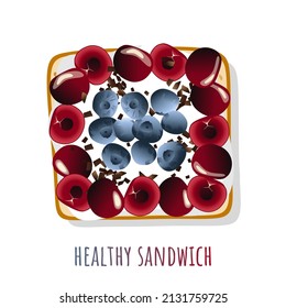 Toast bread with yogurt and blueberries and cherry. Healthy fruit sandwich. Delicious snack for gourmets. Sweet toast for Healthy breakfast.