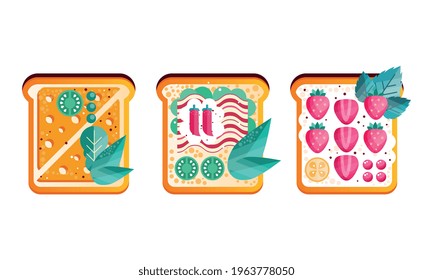 Toast Breads with Different Healthy Ingredients Set, Top View of Sandwiches Flat Vector Illustration