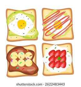 Toast breakfast menu with various ingredient. Egg, avocado, chocolate, banana, and strawberry. For wallpaper