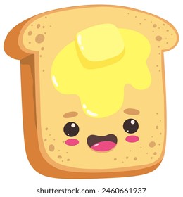 Toast with butter, cute and cartoon character with happiness emotion, food. Food vector character.