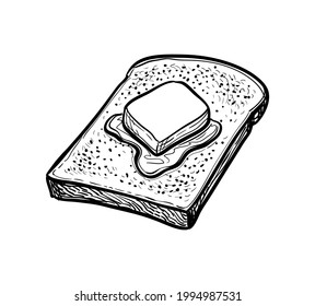 Toast with butter. Ink sketch isolated on white background. Hand drawn vector illustration. Retro style.