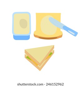 toast, butter and sandwich, cartoon flat style, isolated color vector art illustration icon.