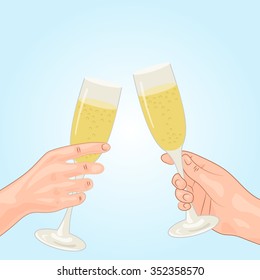 Toast, champagne, human hand. Festive background.