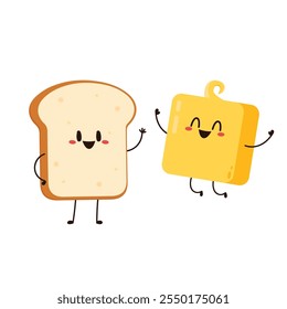 Toast character. Bread and Butter character design. Cute Toast cartoon vector.