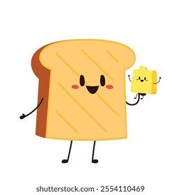 Toast character. Bread and Butter character design. Cute Toast cartoon vector.