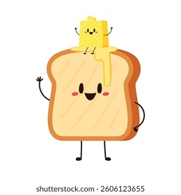Toast character. Bread and Butter character design. Cute Toast cartoon vector.