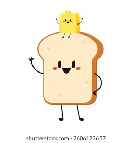 Toast character. Bread and Butter character design. Cute Toast cartoon vector.