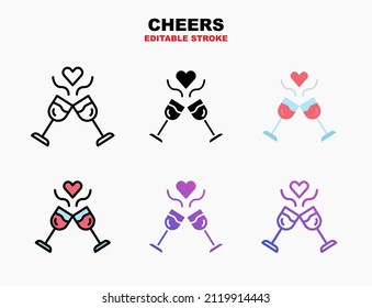Toast cheers glass with love icon set with different styles. Editable stroke and pixel perfect. Can be used for digital product, presentation, print design and more.
