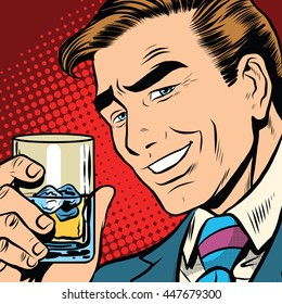 Toast cheers whisky with ice, elegant man pop art retro vector. a realistic drawing. Caucasian man a gentleman. Date, alcoholic beverage