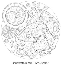 
Toast and coffee. Berries, almonds and orange.Sweets.Coloring book antistress for children and adults. Illustration isolated on white background.Zen-tangle style.