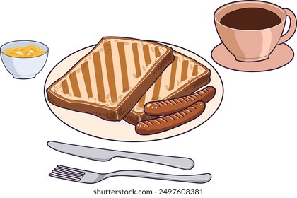 Toast and coffee hand drawn illustration set