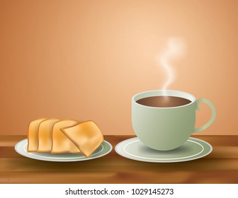 
Toast and Coffee with soft smoke on brown wooden background,vector and illustration.