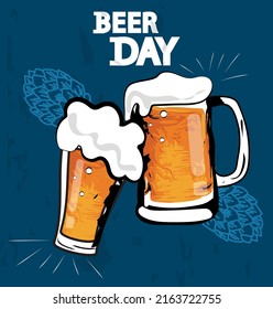 Toast concept with two beer mugs, Hand drawn international beer day illustration.