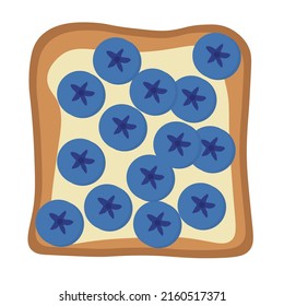 Toast with cream cheese and blueberries. Healthy snack breakfast with berries and fruits. Vector flat illustration