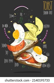 Toast with cream cheese, salmon, capers, red onion, eggs, avocado on whole grain toast bread. Vector illustration svg