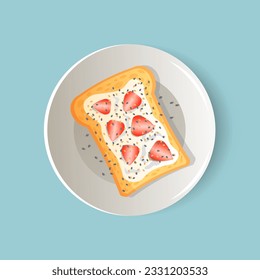 toast with cream cheese and strawberry and seeds, slice of bread for the breakfast healthy cartoon vector illustration