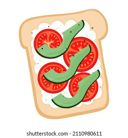 Toast with cream cheese, tomato, avocado slices and black pepper. Vegetarian food. Healthy breakfast