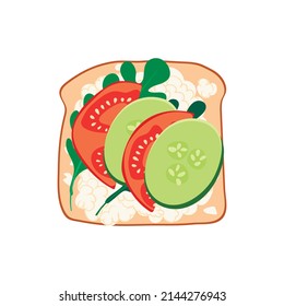Toast with cucumbers, tomatoes, herbs, cottage cheese or cream cheese. Healthy balanced diet. Healthy breakfast or snack.