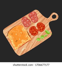 Tostada, tabla de corte, cuchillo, rodaja de tomate, albahaca. Elemento de diseño de caricaturas vector dibujado a mano aislado. Icono culinario, 