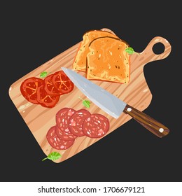 Toast, cutting board, knife, tomato slice, basil. Hand drawn vector cartoon design element isolated. Culinary icon, 