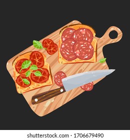 Toast, cutting board, knife, tomato slice, basil. Hand drawn vector cartoon design element isolated. Culinary icon, 