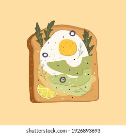 Toast with egg and avocado. Bread loaf with avocado slices, egg, arugula, dill, olive cuts, and a slice of lemon. Healthy breakfast vector illustration.