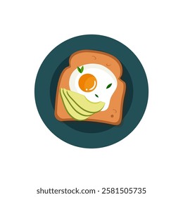 Toast with egg and avocado. Vector graphics depicting breakfast.On the toast is an egg with a bright yolk.Vector image is made in a flat style.Healthy breakfast.Healthy lifestyle.